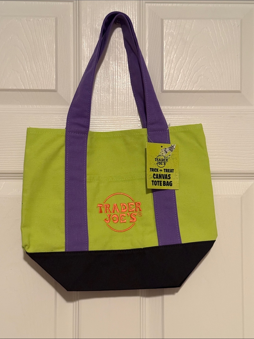 Trader Joe's Lime Green Canvas Tote with Purple Straps